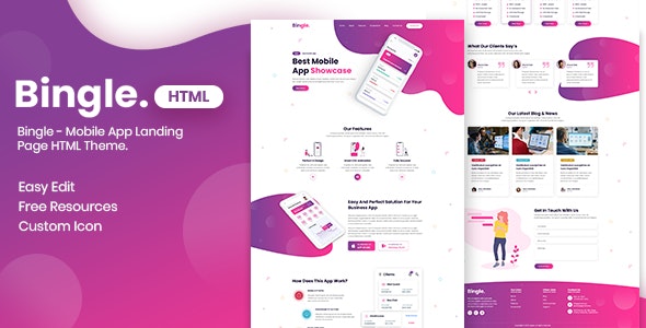 Bingle – Mobile App Landing Page HTML Theme – 27511689